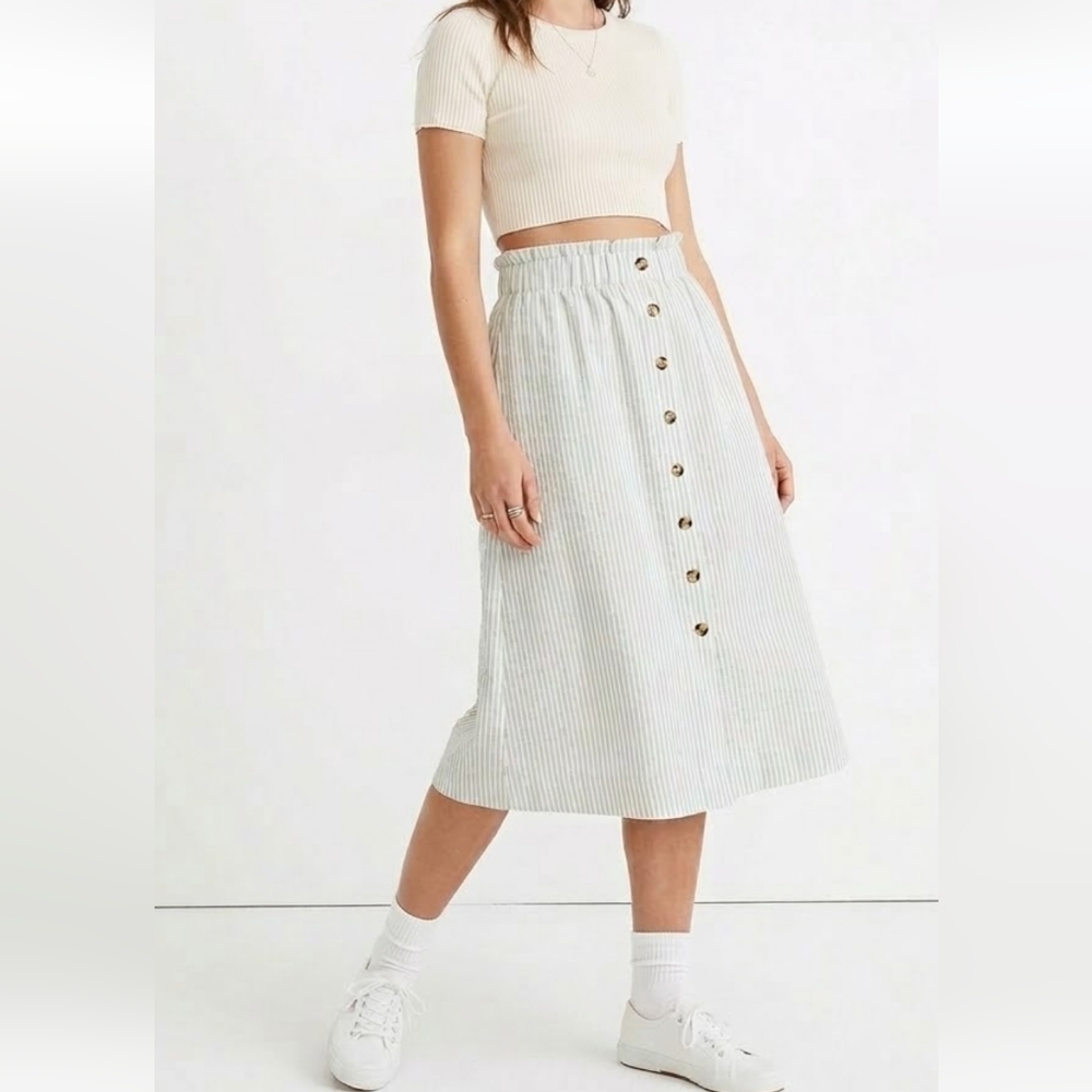 Wishlist Mint Green White Striped Midi Skirt Button Front Size Large